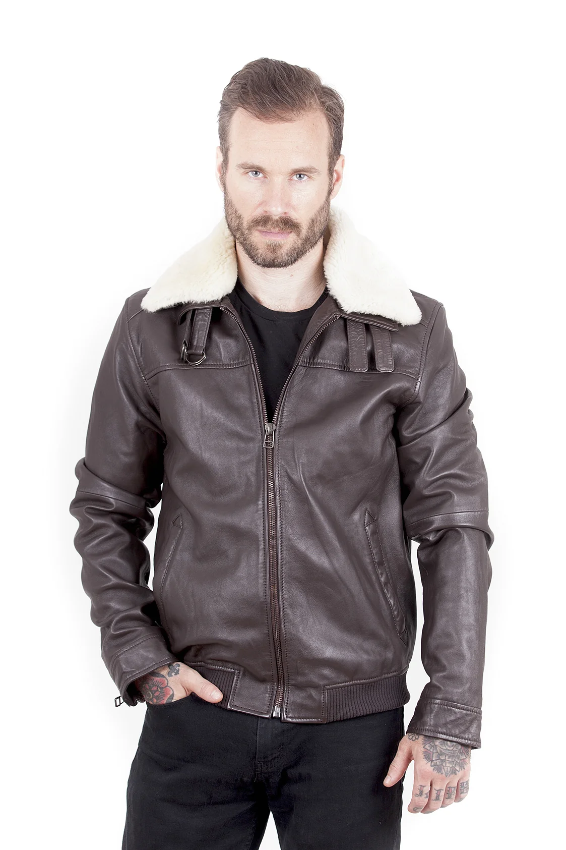 Truman Men's Fur Collar Leather - Brown - Full‑Grain