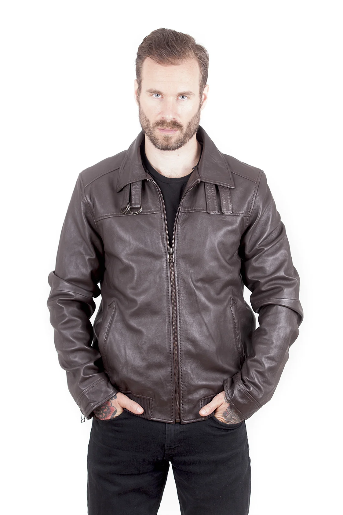 Truman Men's Fur Collar Leather - Brown - Full‑Grain - Image 2