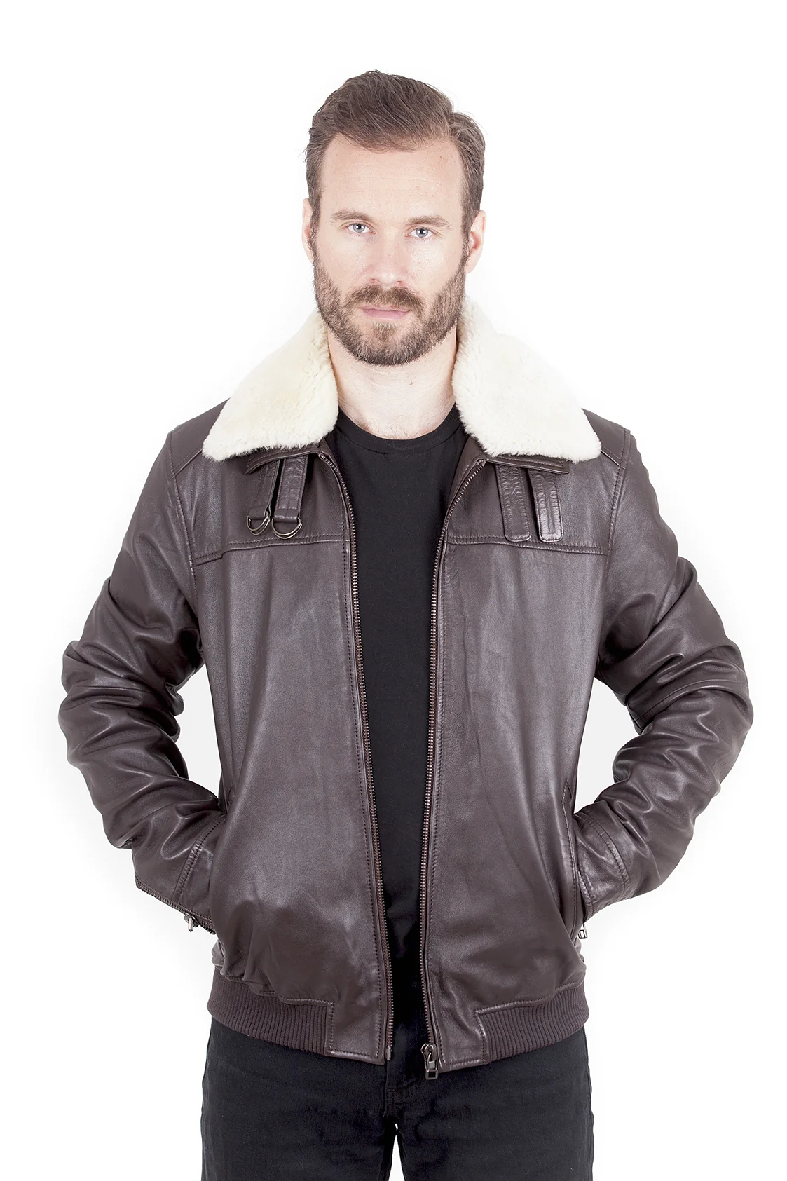 Truman Men's Fur Collar Leather - Brown - Full‑Grain - Image 3