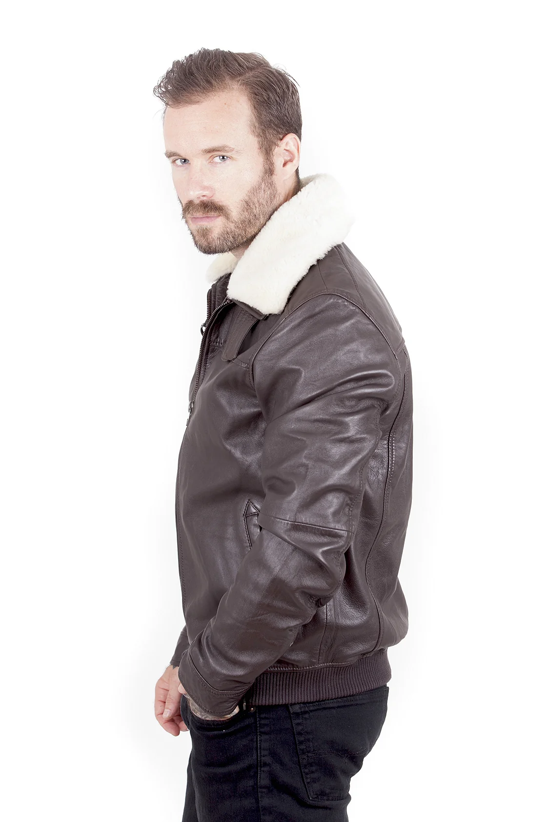 Truman Men's Fur Collar Leather - Brown - Full‑Grain - Image 4